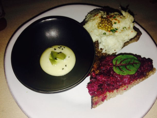 Beet Tartare, savory custard and fish dip served during the Altos Tequila Training at Restaurant 492.